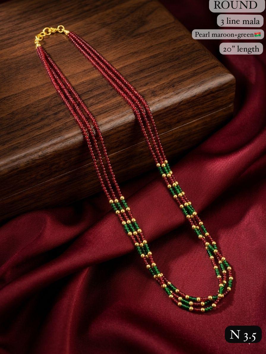 Elegant 3-Line Maroon & Green Bead Mala Necklace – 20" Lenght Festal Kantha Mala